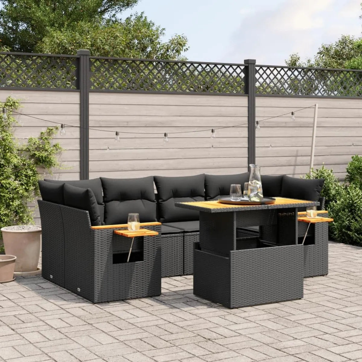 Set da Giardino in Polyrattan Nero con Cuscini - Divano Modulare per Esterno 7 Pezzi