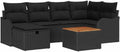 Set Giardino 7 Pezzi in Polyrattan Nero con Tavolo in Legno di Acacia