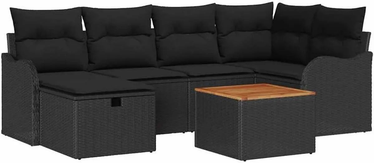 Set Giardino 7 Pezzi in Polyrattan Nero con Tavolo in Legno di Acacia