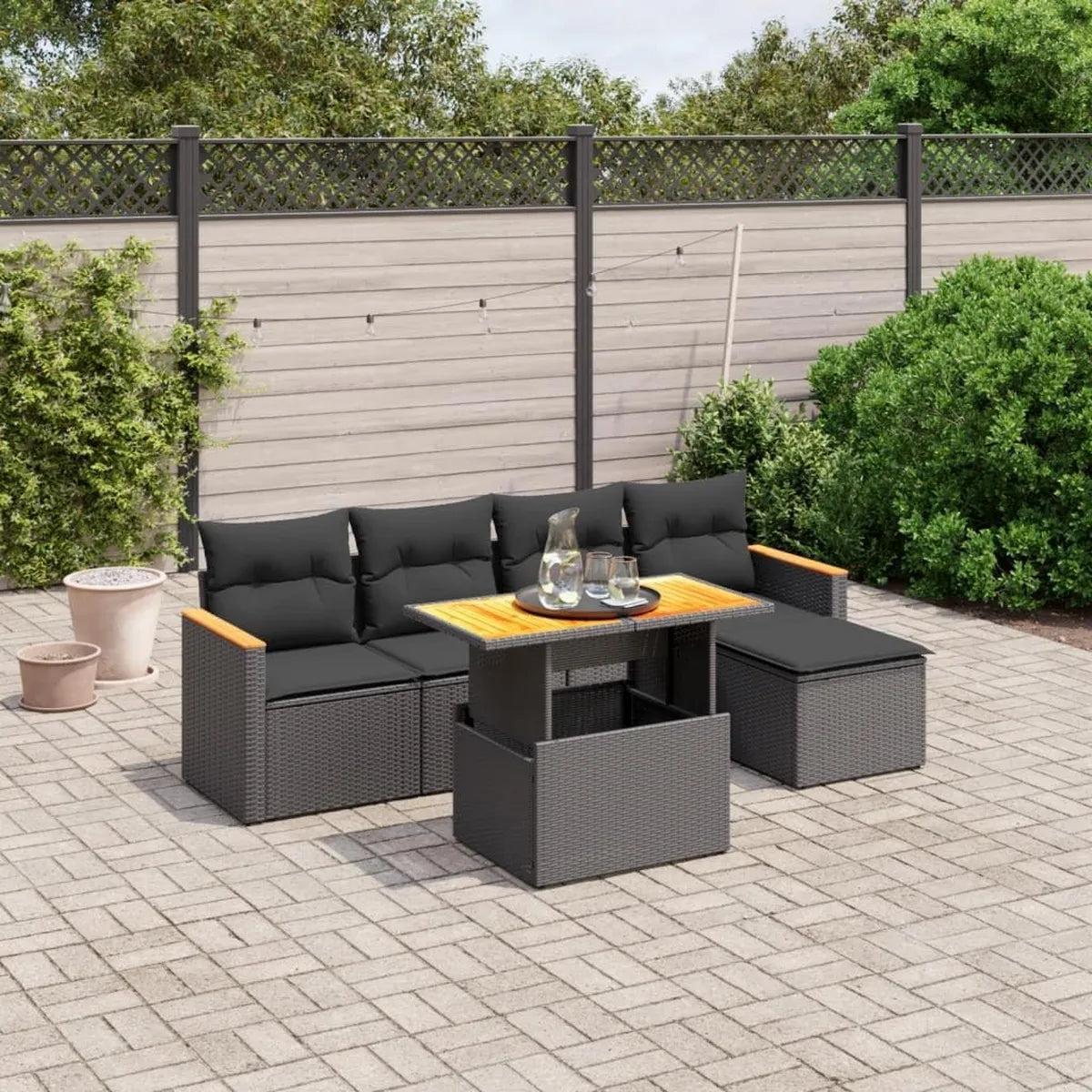 Set Divano da Giardino 6 Pezzi con Cuscini in Rattan Nero per Esterni