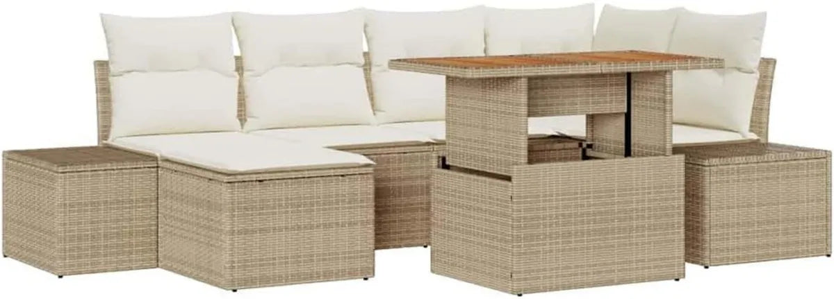 Set da Pranzo da Giardino 7 Pezzi con Cuscini Beige e Crema, Resistente e Moderno