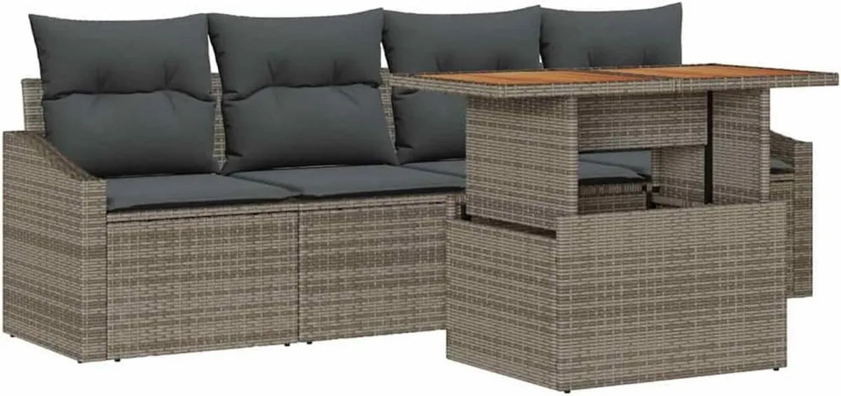Set Divano da Giardino in Rattan Grigio con Cuscini, Mobili da Esterno Modulare 5 Pezzi, Design Elegante e Materiali Resistenti