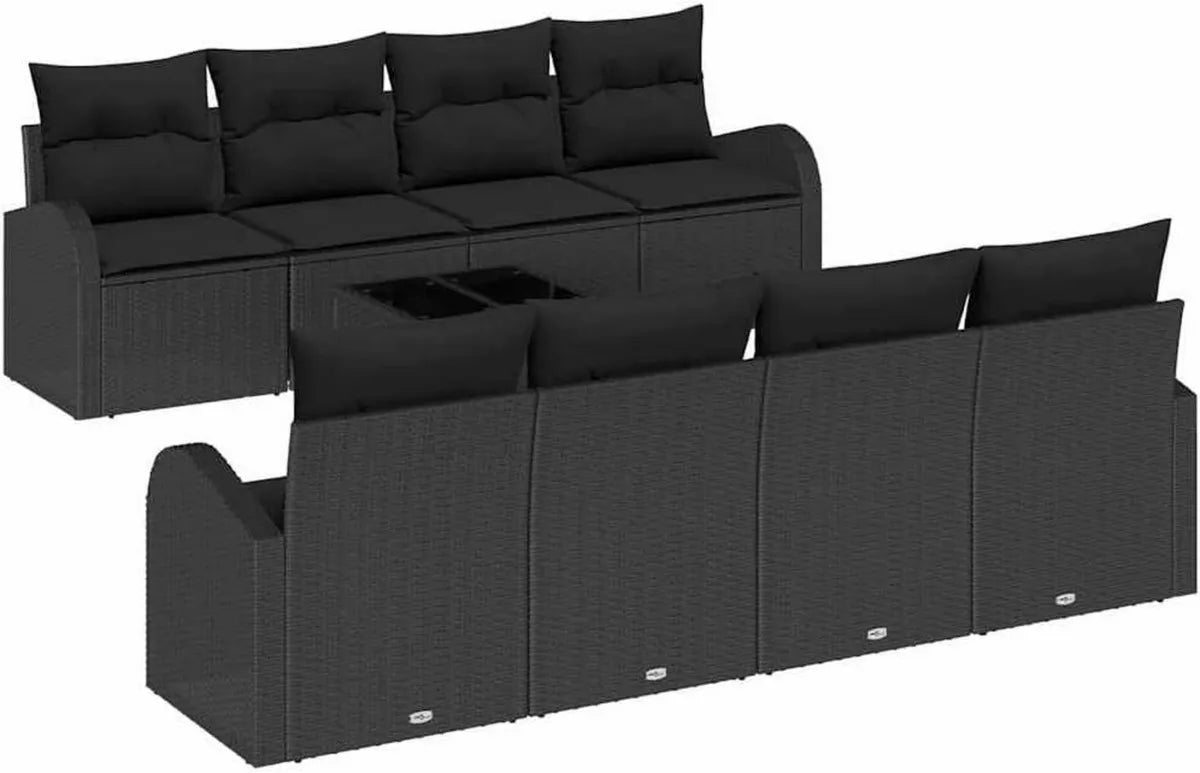 Set Divano da Giardino in Polyrattan Nero con Cuscini, Resistente ai Raggi UV
