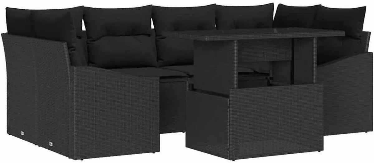 Set Salotto da Giardino 7 Pezzi in Rattan Sintetico Nero con Cuscini, Design Moderno e Resistente alle Intemperie