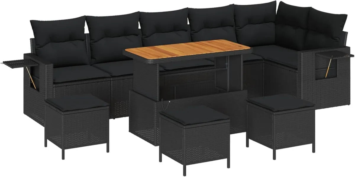 Set Salotto da Giardino in Polyrattan 12 Pezzi con Cuscini Neri, Struttura in Legno di Acacia, Design Modulare