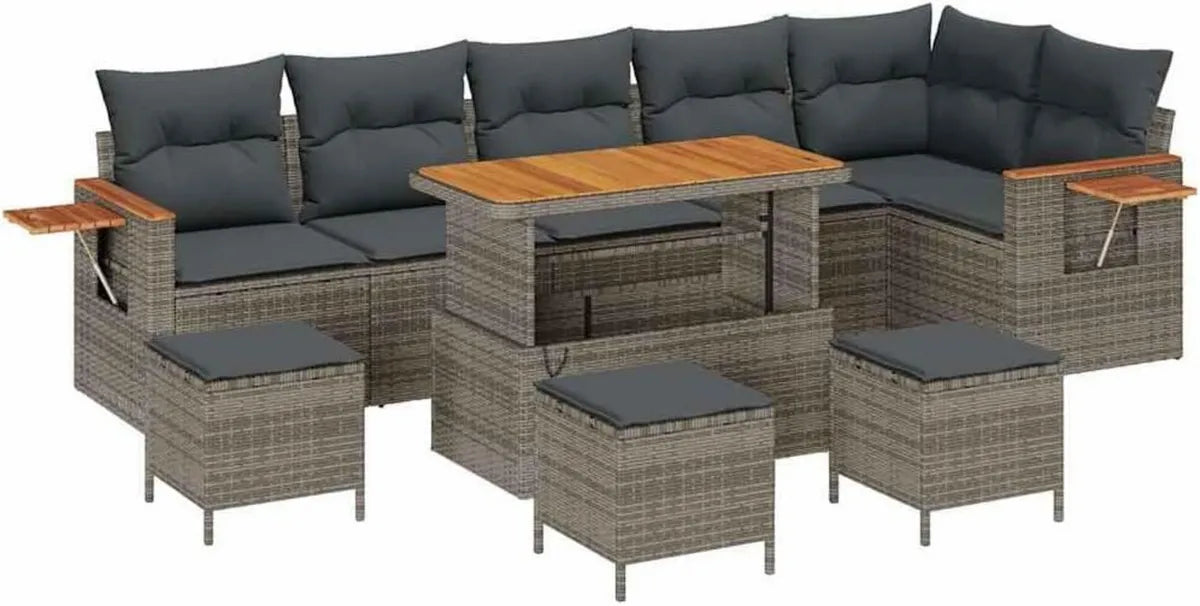 Set Divano Modulare da Giardino in Polyrattan Grigio con Cuscini Rimovibili, 12 Pezzi, Arredo Outdoor Resistente e Leggero