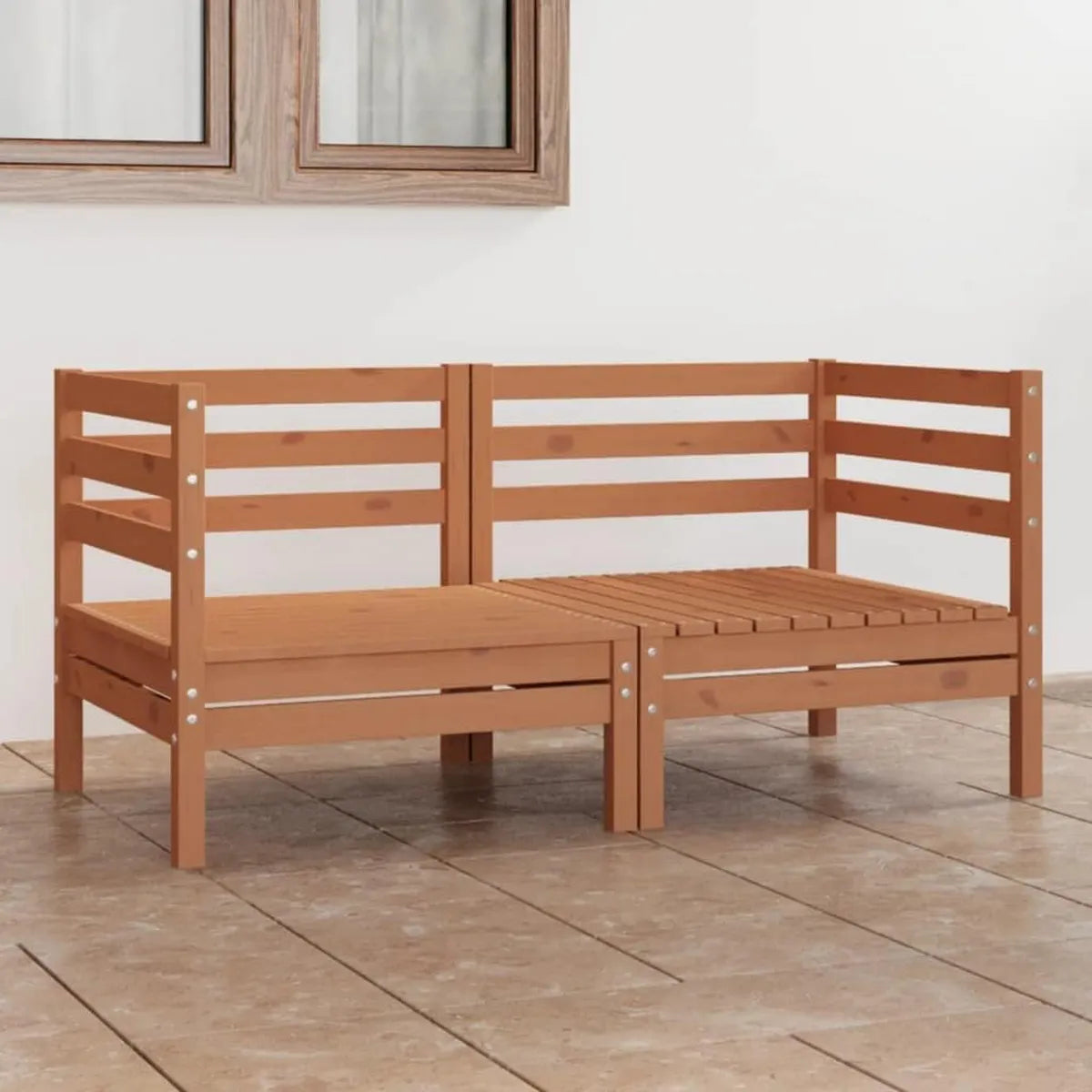 Divano da Giardino in Legno di Pino a 2 Posti, Set Mobili Esterni in Rattan per Balcone e Piscina