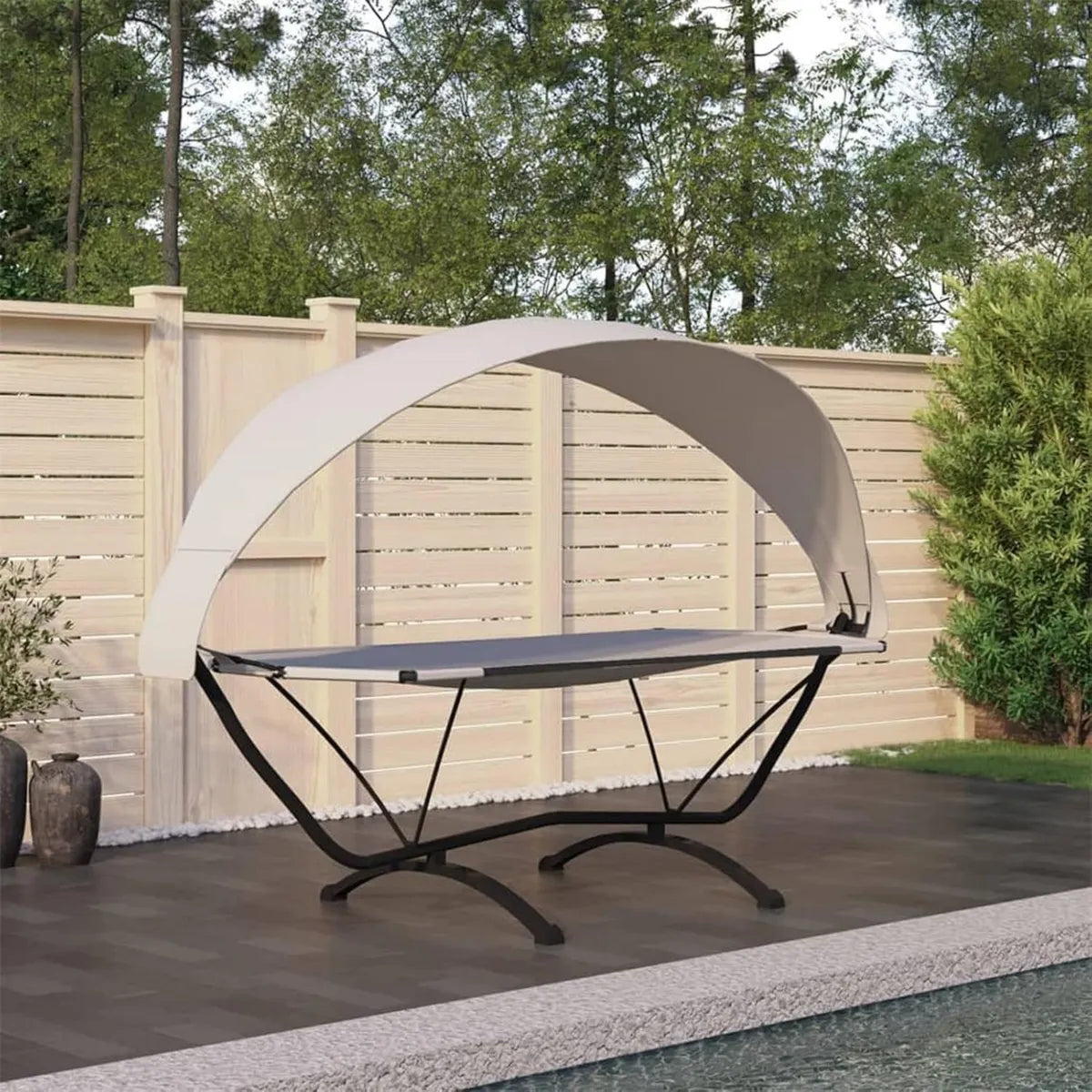Lettino da Giardino in Acciaio con Tettuccio e Tessuto Oxford Crema