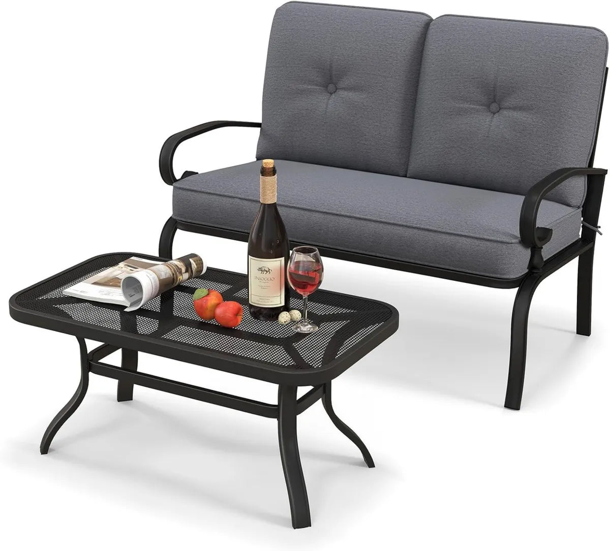 Set Salotto da Giardino 2 Pezzi in Metallo con Cuscini, Tavolino e Panca Moderne, Grigio