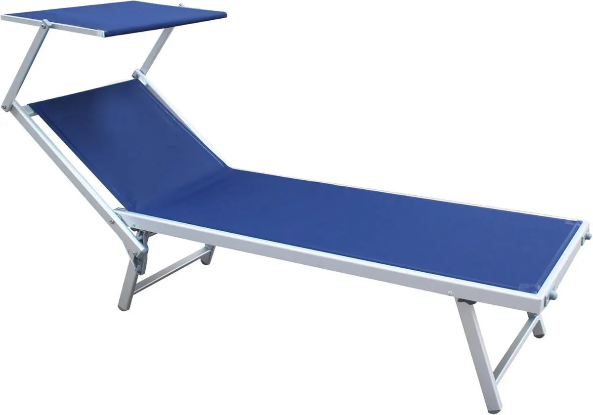 Sdraio Pieghevole Blu con Tettuccio in Textilene, Lettino Prendisole da Giardino