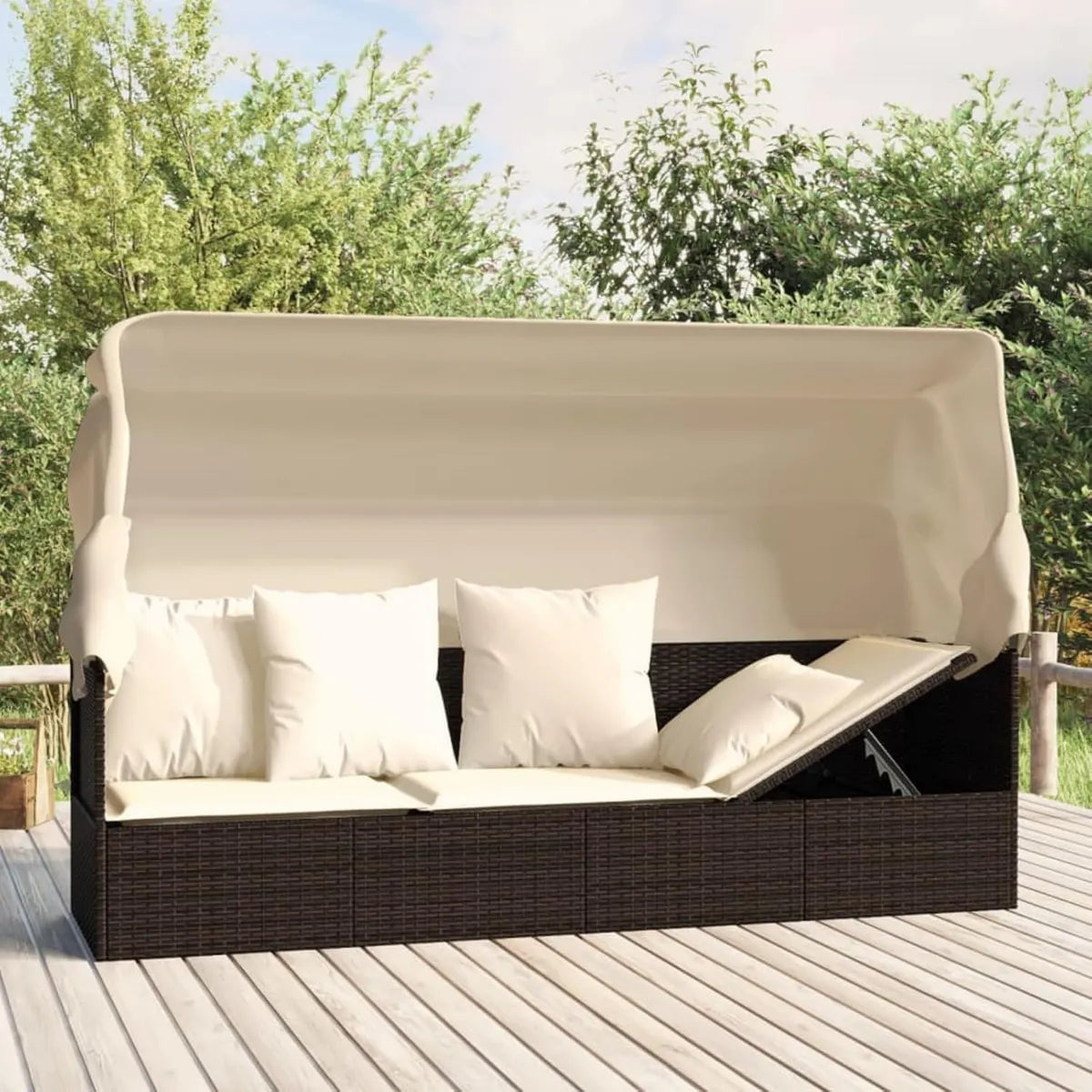 Lettino Prendisole in Polyrattan Marrone con Cuscini e Tettuccio, Ideale per Giardino e Piscina