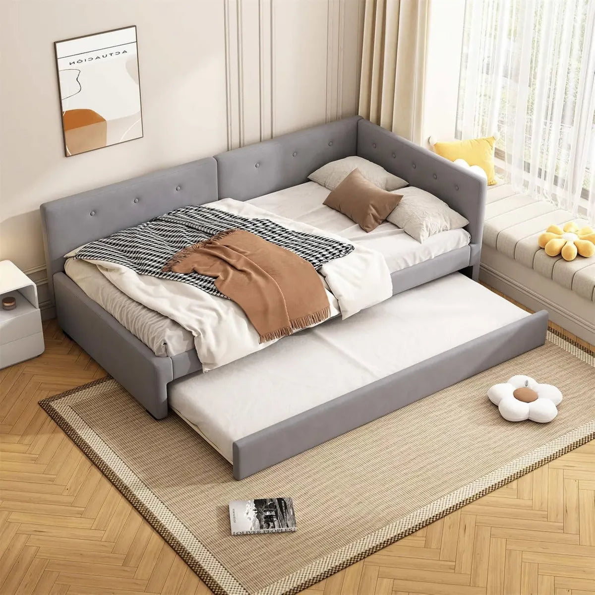 Letto Estraibile in Velluto Grigio 90x200 cm per Soggiorno e Camera