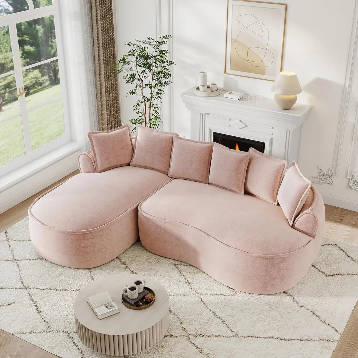Divano angolare modulare in ciniglia con chaise longue e seduta profonda, senza montaggio, design curvo, 3 posti rosa