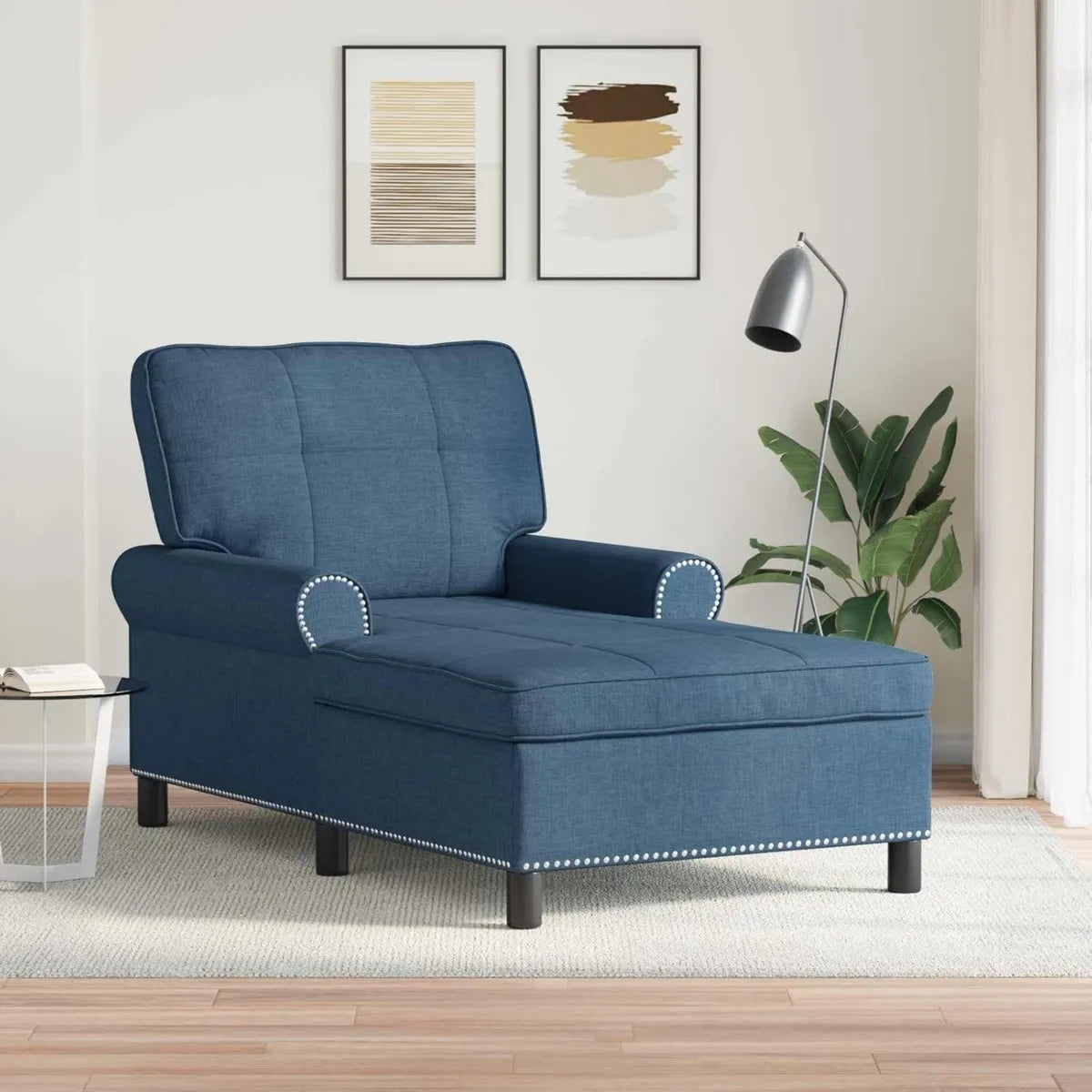 Divano moderno con chaise longue e cuscino blu, tessuto resistente, 91 x 157 x 91 cm