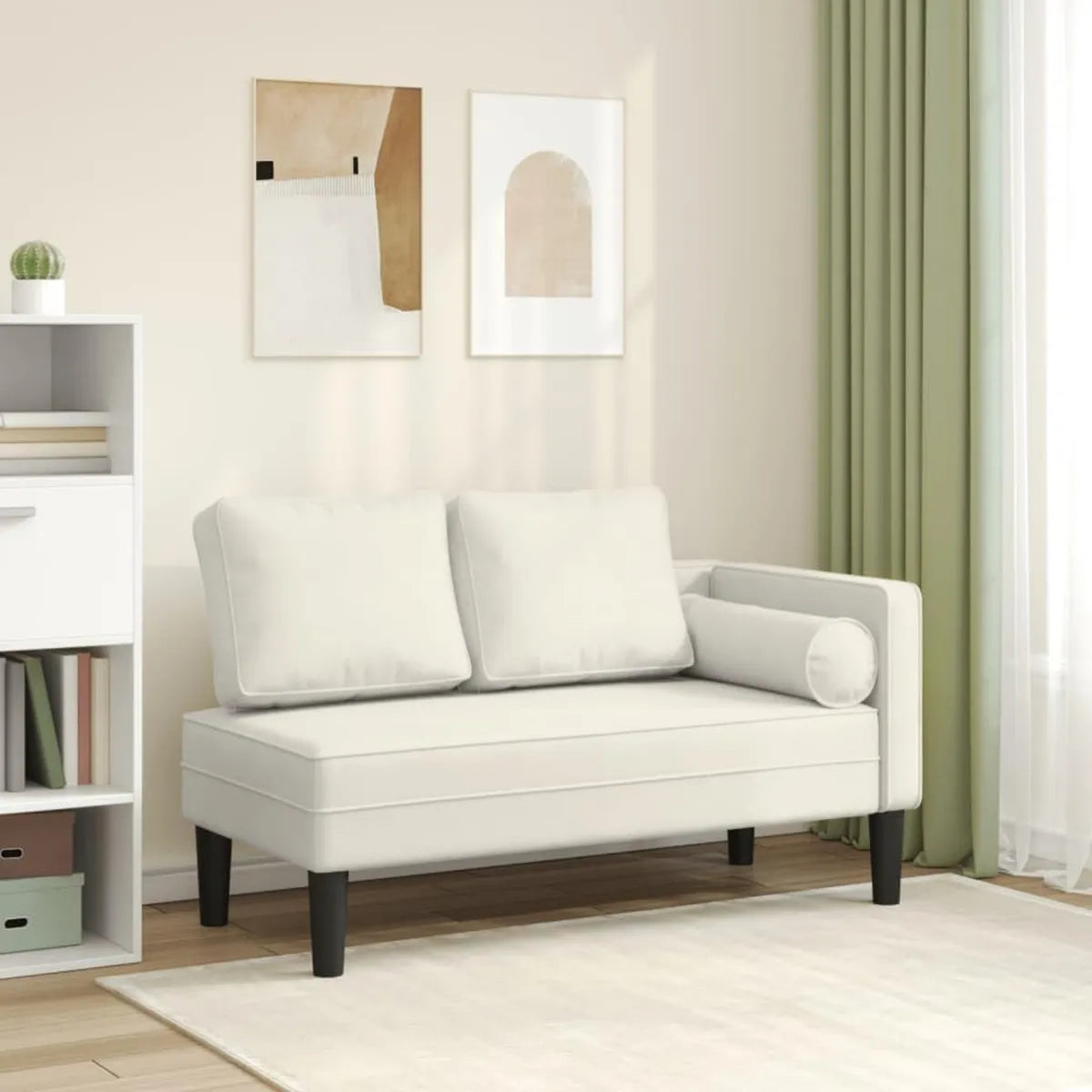 Divano Letto Moderno in Velluto Crema con Chaise Longue e Cuscini