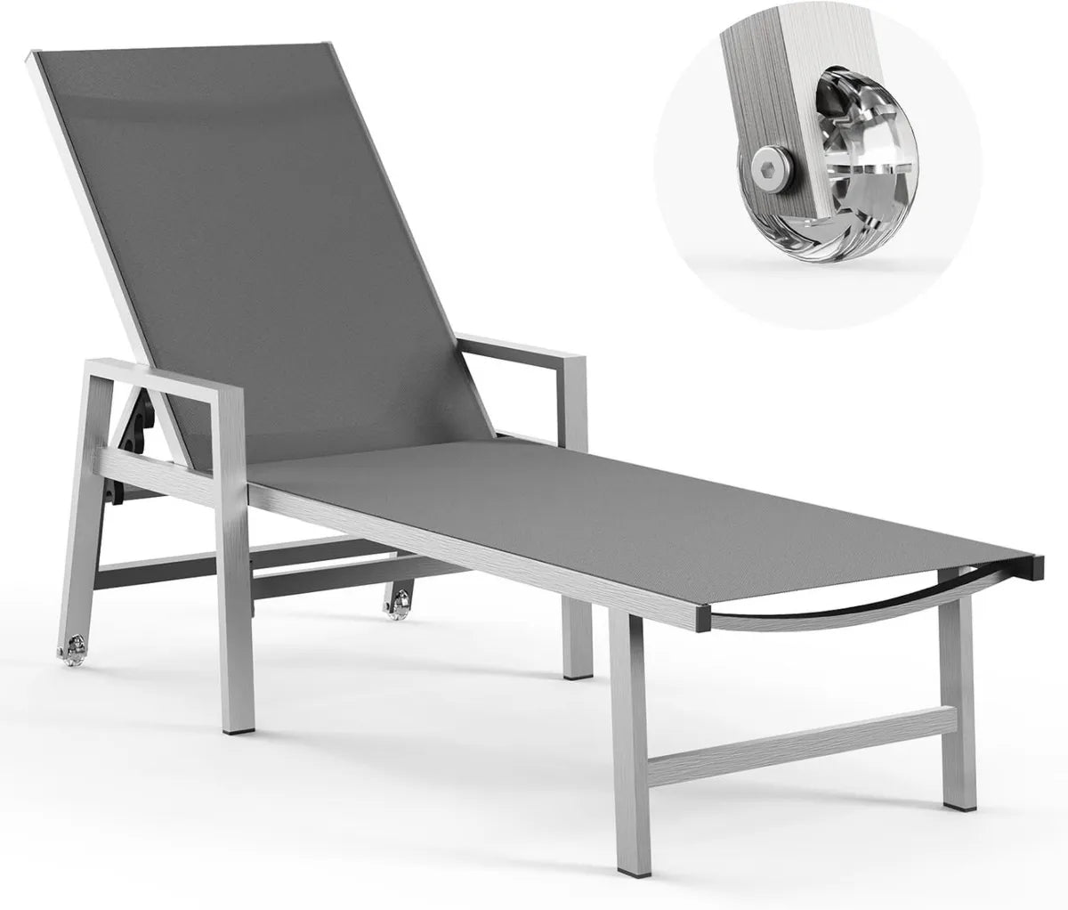 Sdraio in Alluminio con Ruote e Braccioli, 5 Posizioni Regolabili, per Piscina, Spiaggia o Giardino, Grigio Scuro