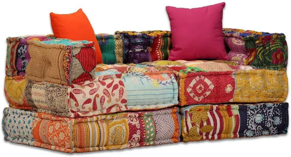 Divano Letto Modulare in Tessuto Patchwork con Cuscini, 2 Posti, Interni/Esterni