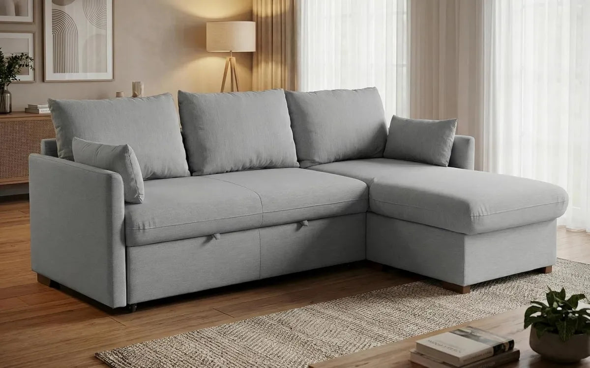 Divano Letto Angolare 4 Posti con Chaise Longue e Contenitore, Tessuto Antimacchia Grigio