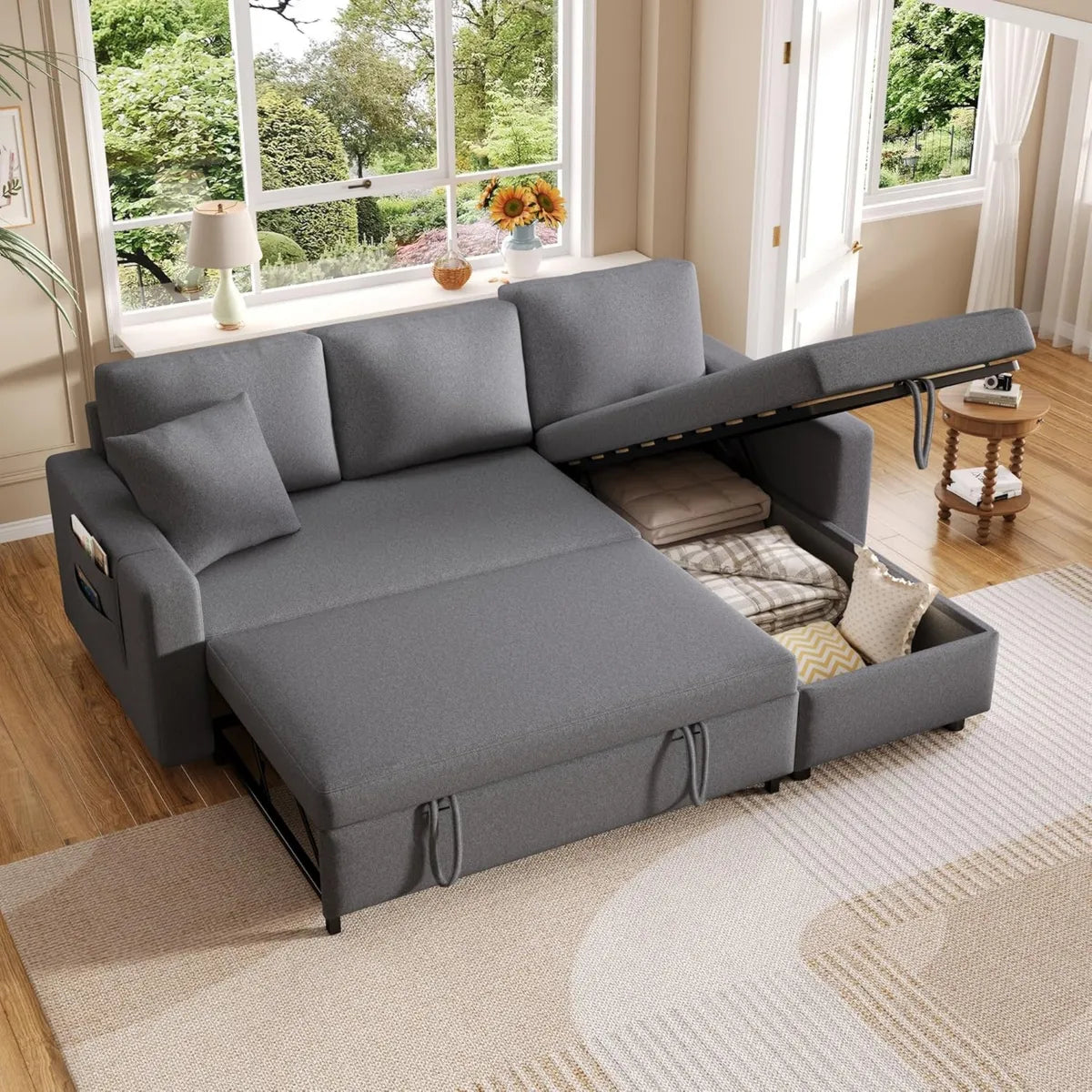 Divano Angolare 3 Posti con Chaise Longue Reversibile, Letto Estraibile e Contenitore