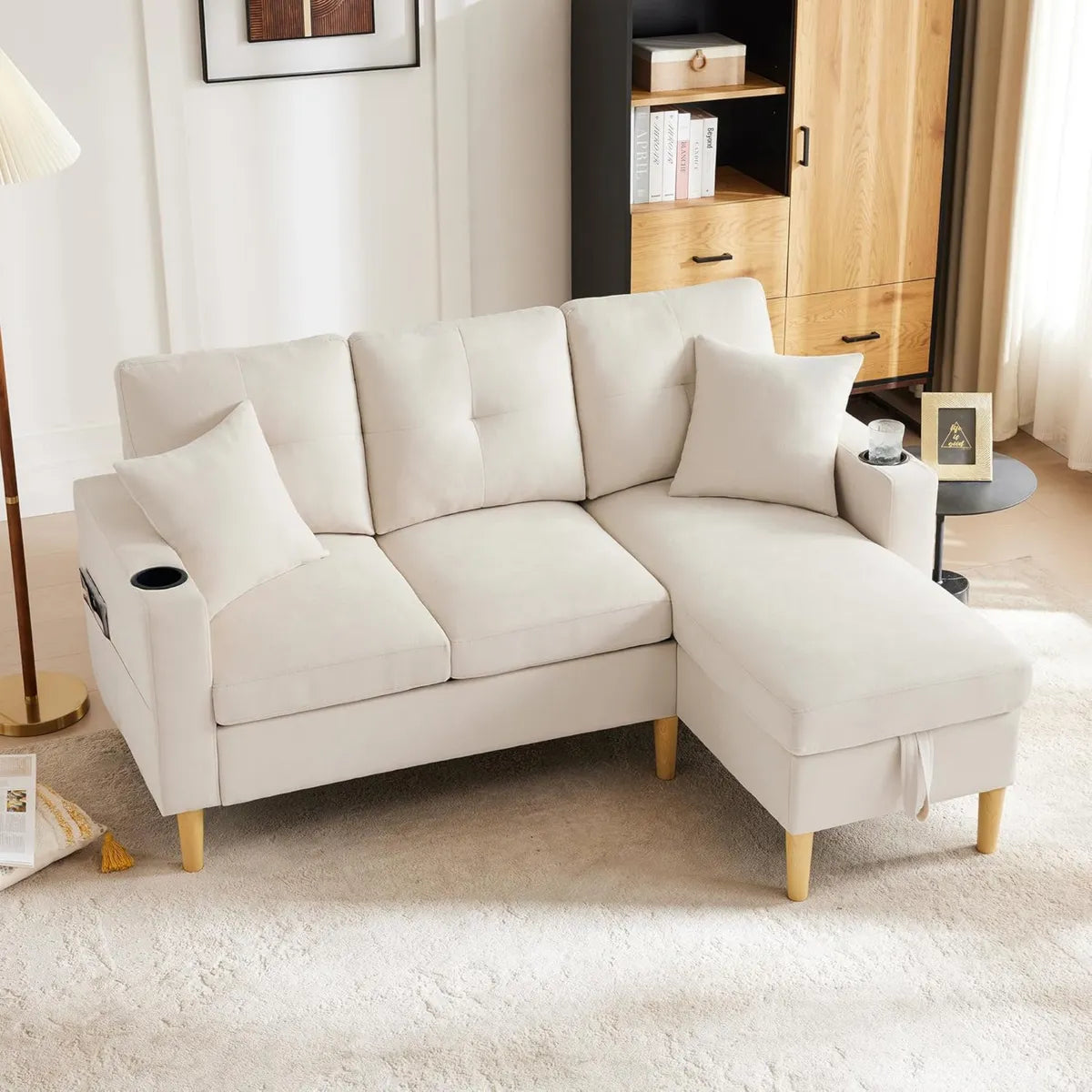 Divano angolare Bladez a L in lino con chaise longue, vano portaoggetti e portabevande, 3 posti reversibile con cuscini per salotto e ufficio