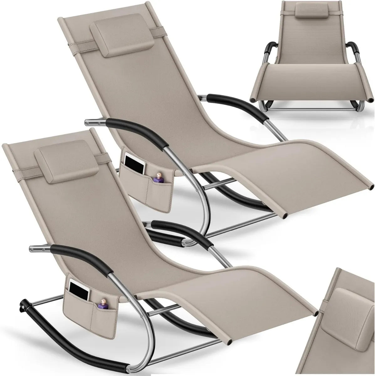 Set di 2 Sedie a Dondolo da Giardino con Cuscino Rimovibile e Struttura in Acciaio - Beige