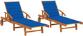 Lettini Prendisole in Acacia con Cuscini Blu e Ruote - Set di 2 per Giardino e Piscina