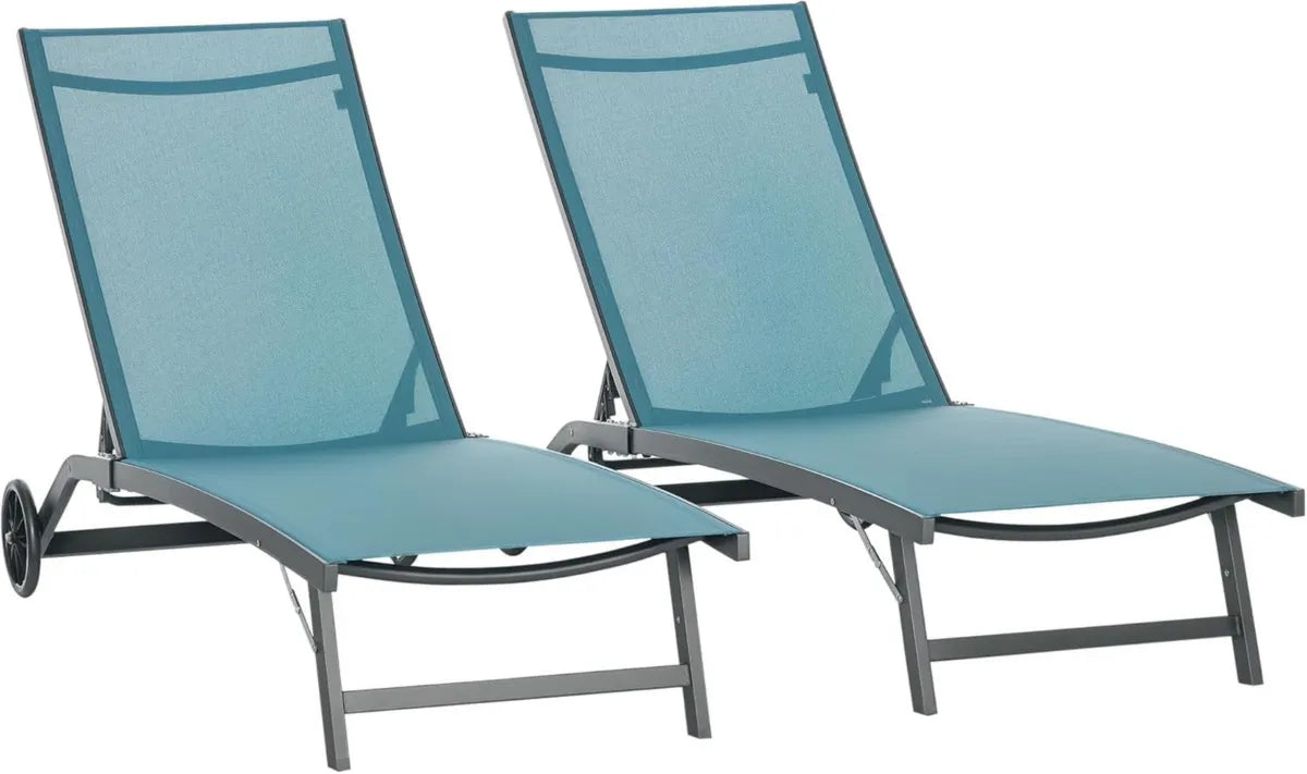 Set di 2 Sdraio da Giardino Reclinabili a 5 Posizioni in Alluminio e Tessuto Traspirante, 66x165x102 cm, Blu e Nero