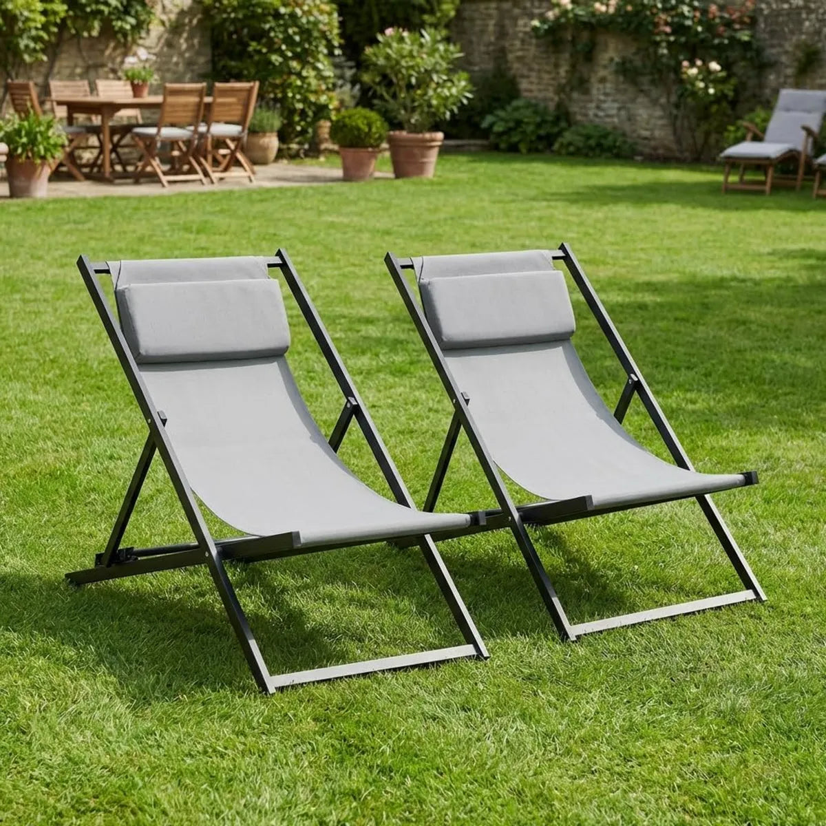 Set di 2 Sedie a Sdraio Pieghevoli con Cuscino e Poggiatesta, Schienale Regolabile, in Alluminio e Texteline, Colore Grigio