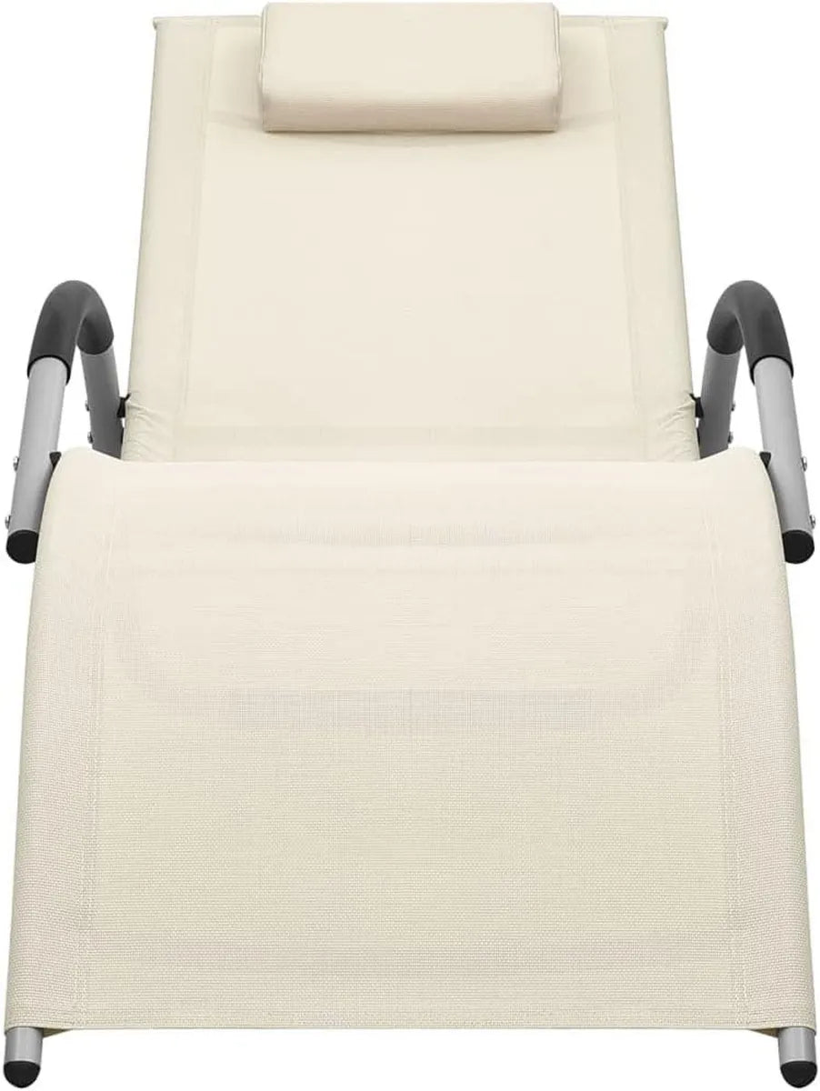 Sdraio pieghevole in alluminio con tessuto textilene crema e grigio, struttura resistente e cuscino incluso, ideale per giardino e spiaggia