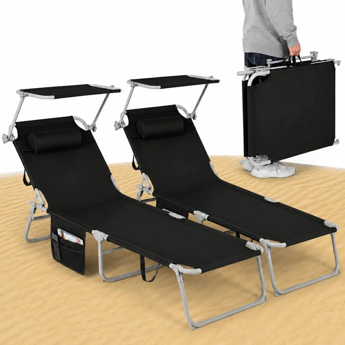 BAKAJI Set 2 Sdraio da Spiaggia Pieghevoli con Parasole, Ergonomiche e Salvaspazio, Telo Traspirante e Tasca Portaoggetti (Nero)