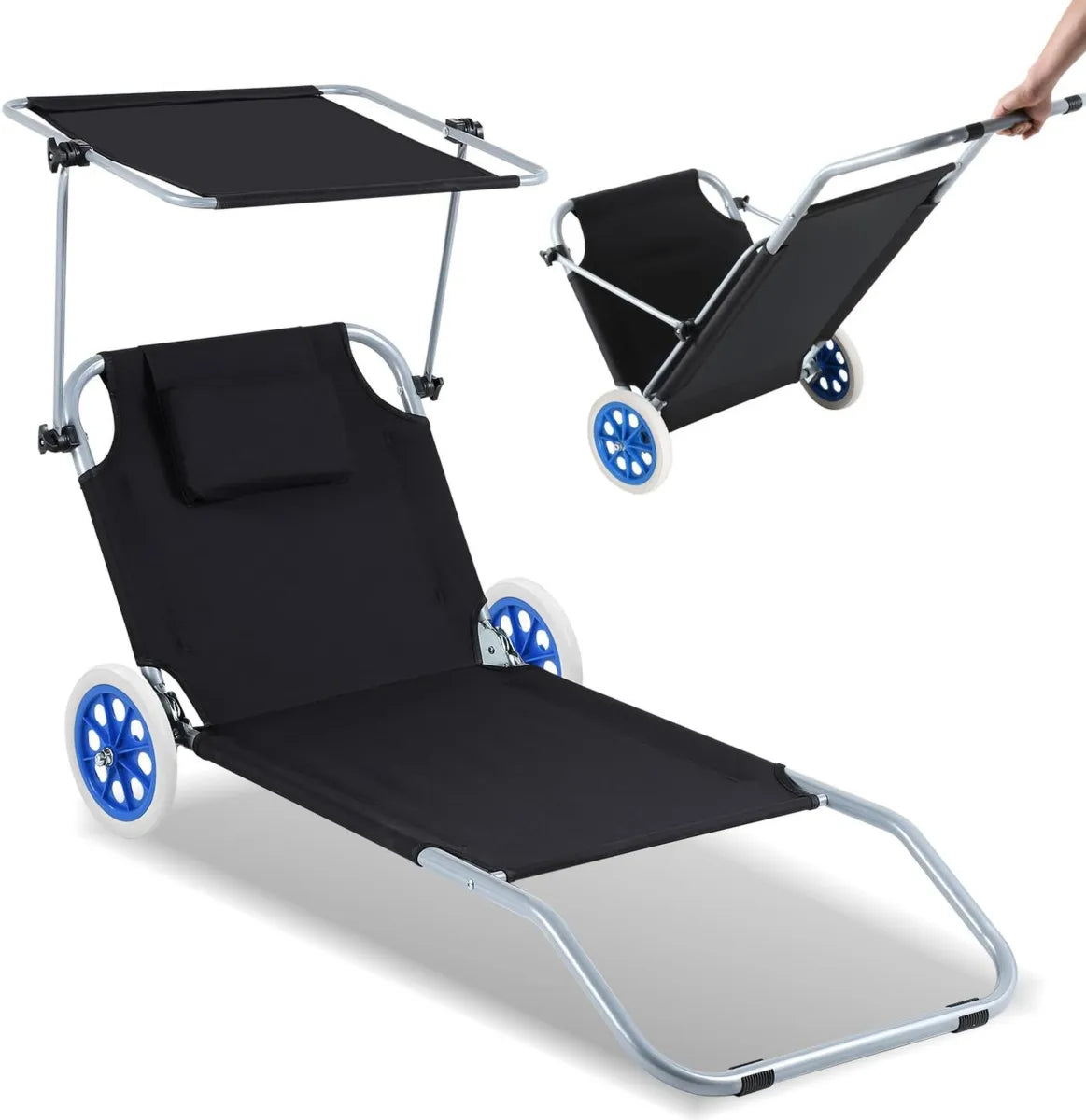 Lettino Pieghevole con Ruote, Regolabile in 5 Livelli, Leggero, Portata 100kg, per Spiaggia, Piscina e Giardino
