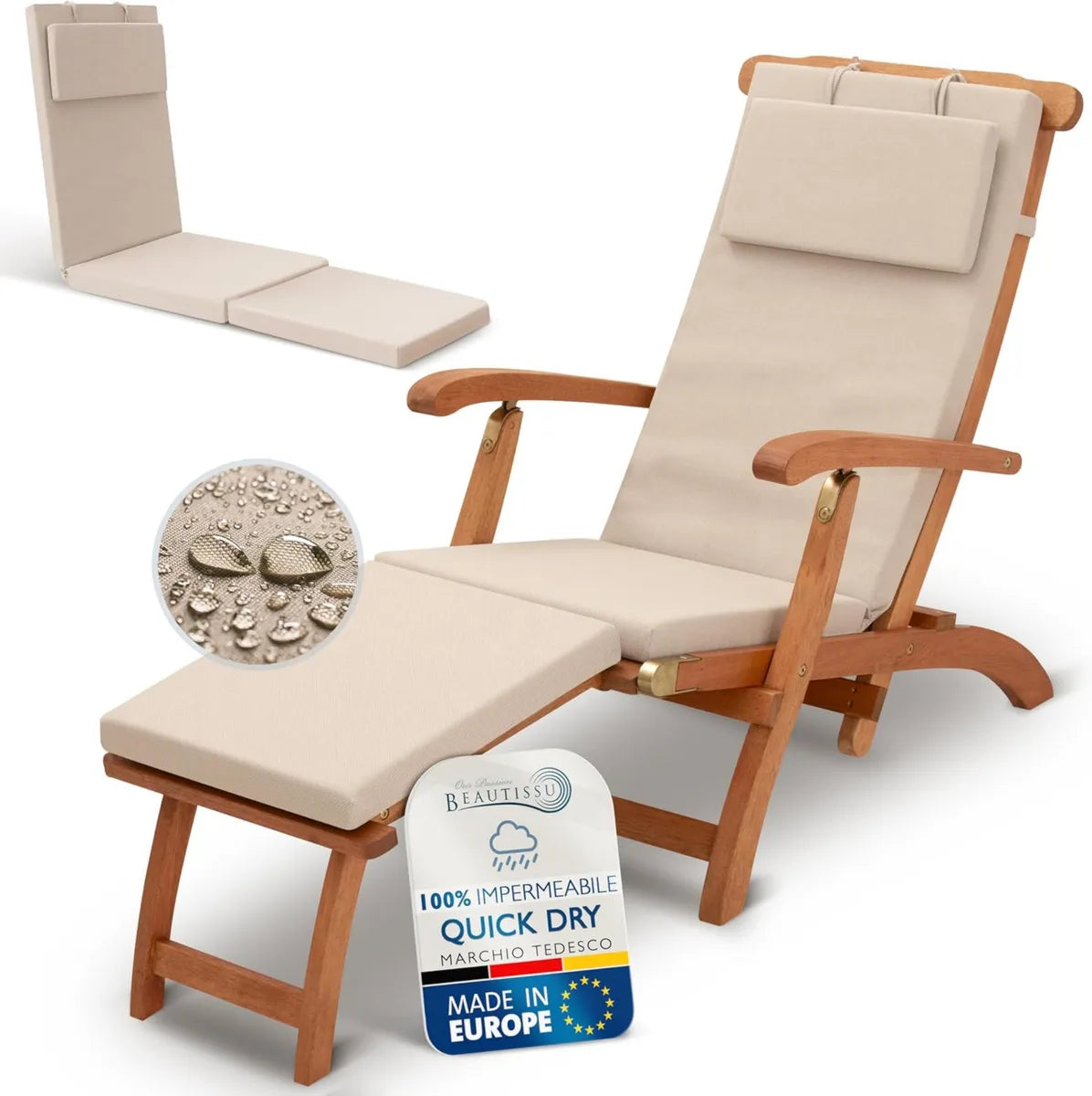 Set di 2 Cuscini per Sdraio Beautissu 175x45 cm – Imbottitura Impermeabile e Resistente – Asciugatura Rapida per Uso Esterno – Beige