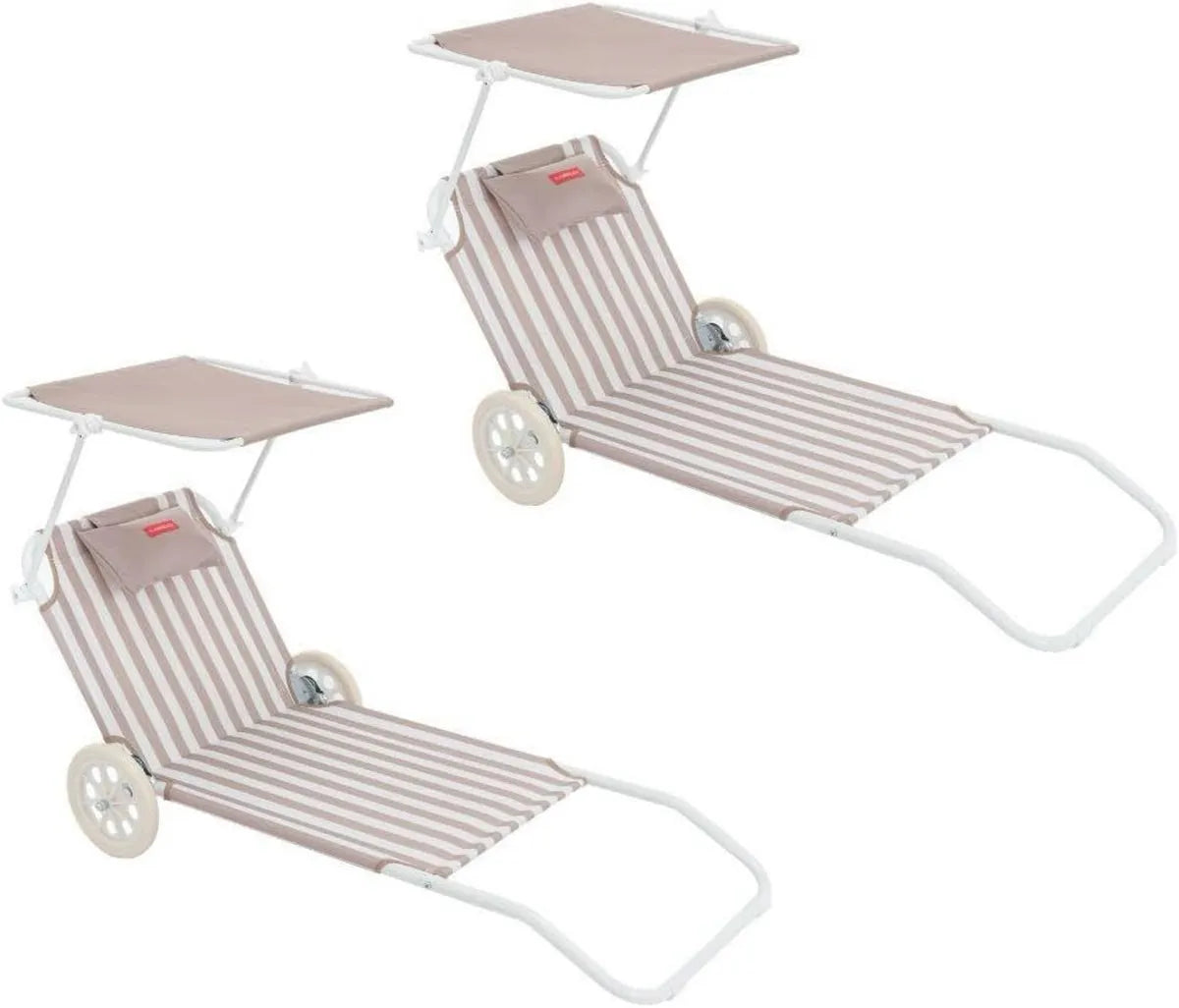 Set di 2 Lettini da Sole con Ombrellone Regolabile e Cuscino Ergonomico - Sdraio Pieghevole Multi-Posizione UPF 50+ - Funzione Carrello Trasporto - Colore Beige