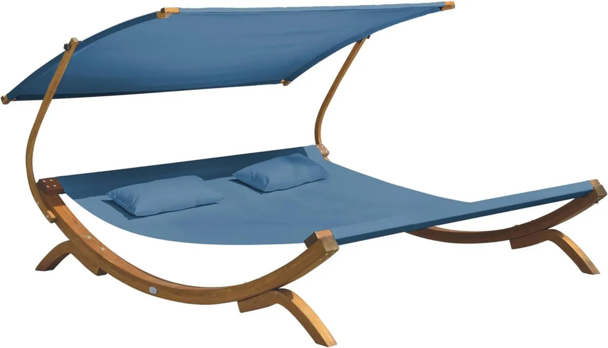 Lettino da Giardino in Legno a Doppia Postazione con Tetto Beige