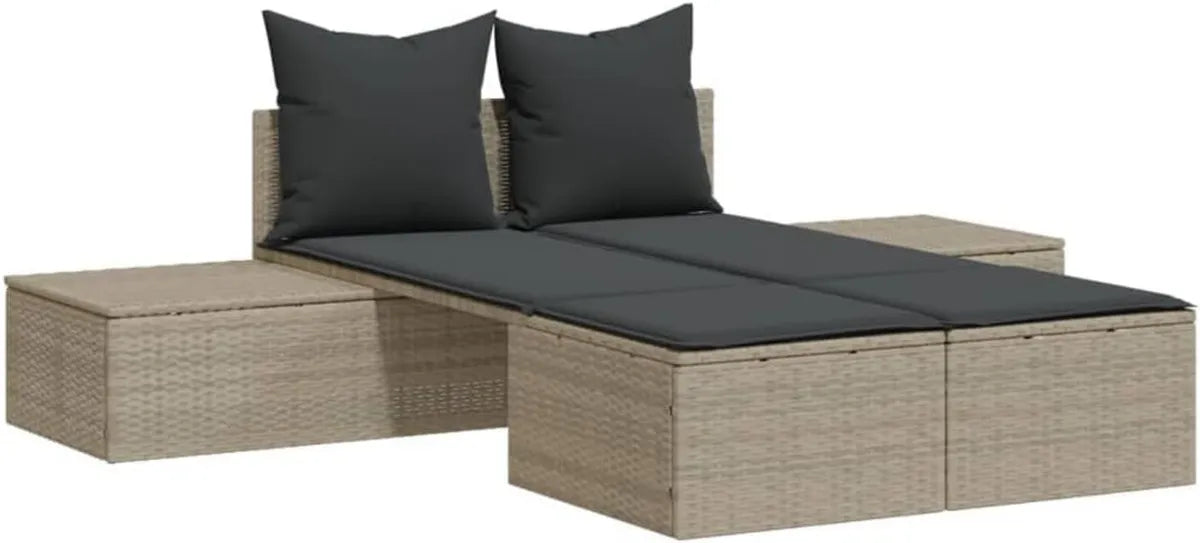 Lettino Prendisole Doppio in Polyrattan Grigio Chiaro con Cuscini