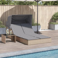 Lettino da giardino in rattan beige con tettuccio regolabile e cuscini