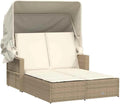 Letto da Giardino Doppio in Polyrattan con Baldacchino Beige e Cuscini, Resistente e Regolabile, 110x201 cm