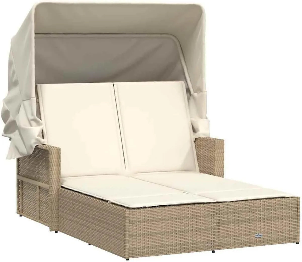 Letto da Giardino Doppio in Polyrattan con Baldacchino Beige e Cuscini, Resistente e Regolabile, 110x201 cm
