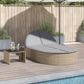 Lettino doppio polyrattan beige con cuscini spessi, schienale regolabile, resistente UV, per esterni giardino e piscina