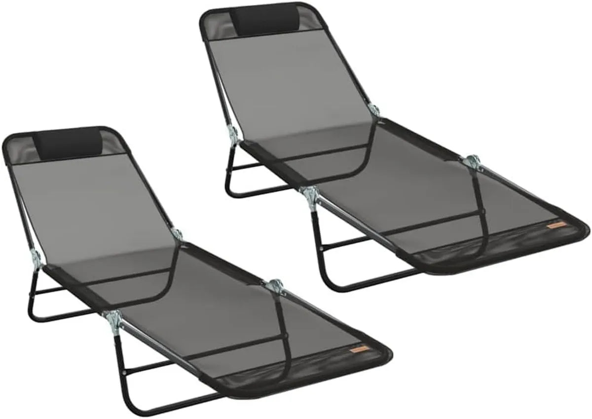 Set di 2 Lettini Prendisole Pieghevoli in Textilene Nero con Schienale Regolabile, Struttura in Acciaio Robusta, Ideali per Giardino e Terrazza, Dimensioni 182x55x85,5 cm