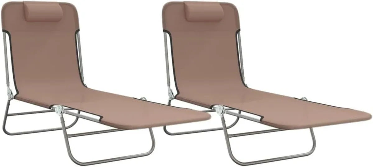 Set di 2 lettini prendisole pieghevoli, textilene marrone e acciaio, con schienale regolabile, supporto fino a 110 kg