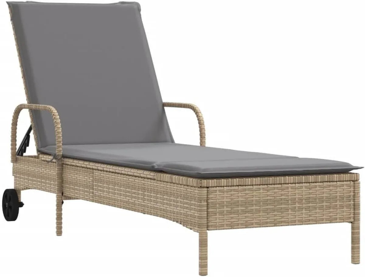 Sdraio da Giardino in Polyrattan Beige, Lettino Relax con Schienale Regolabile e Cuscino Imbottito, 200x55 cm, Ideale per Piscina e Terrazzo