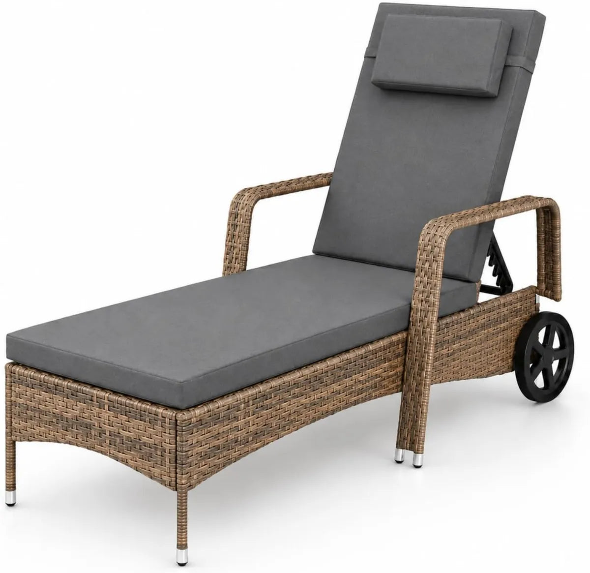 Sdraio Reclinabile in Polyrattan con Cuscino e Ruote per Giardino 196x72x94.5 cm