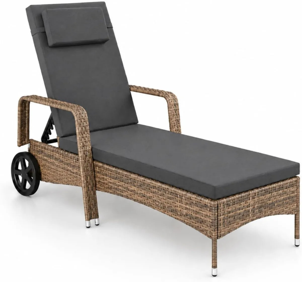 Sdraio in Polyrattan Regolabile con Cuscino e Ruote per Giardino