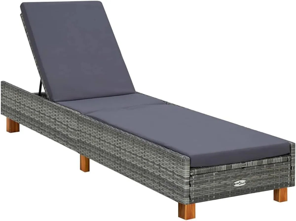 Lettino da Sole Polyrattan Grigio Impermeabile e Regolabile con Cuscino