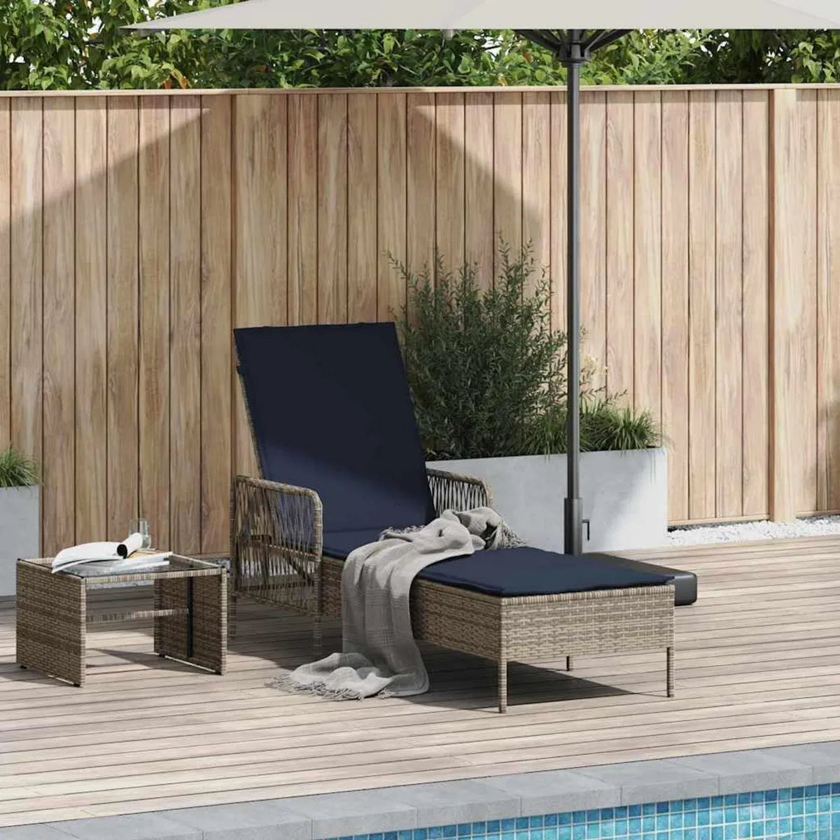 Sdraio in Polyrattan Regolabile, Grigio/Blu Navy, 200x55x92 cm, Resistente agli Agenti Atmosferici