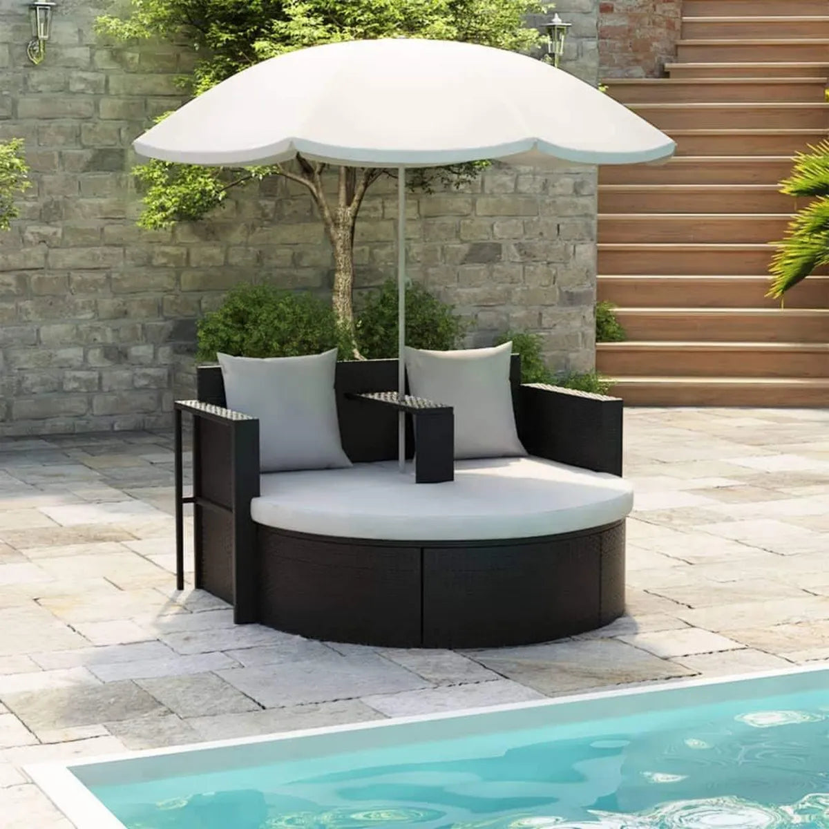 Set Giardino Polyrattan: Lettino Impermeabile con Ombrellone e Cuscini, Resistente per Terrazza e Piscina