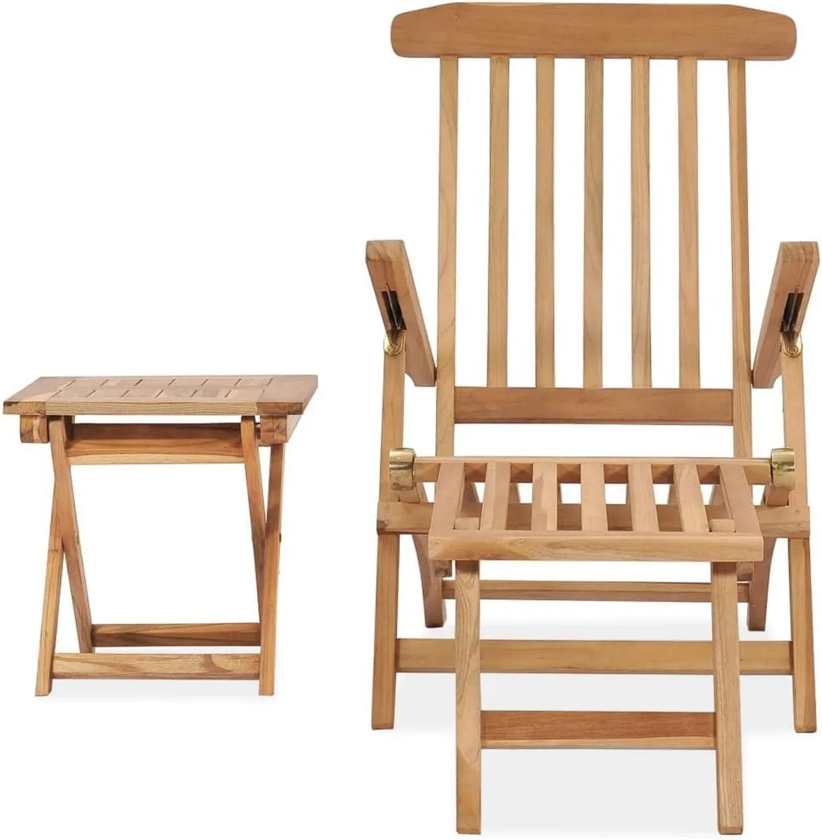 Sedia a Sdraio Pieghevole da Giardino in Teak con Poggiapiedi e Tavolino, Regolabile in 5 Posizioni, Capacità 110kg