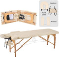 Lettino Massaggio Portatile in Legno di Faggio, 2 Zone, 186x60 cm, 250 kg, Altezza Regolabile, Poggiatesta e Braccioli Rimovibili, Beige