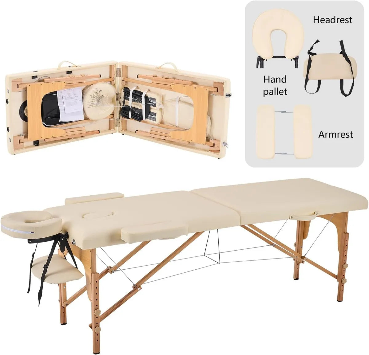 Lettino Massaggio Portatile in Legno di Faggio, 2 Zone, 186x60 cm, 250 kg, Altezza Regolabile, Poggiatesta e Braccioli Rimovibili, Beige